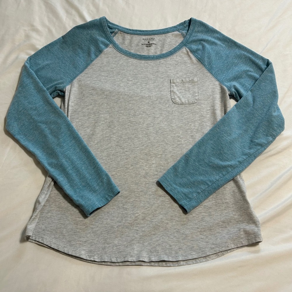 Sonoma Life Style Womens M Gray Blue Raglan Baseball Tee Pocket Shirt